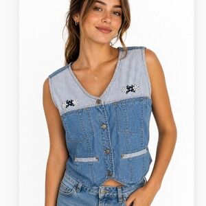 Vintage HGNY Jeans Denim Vest Plus Size 18/20 Floral Embroidered Striped 90s